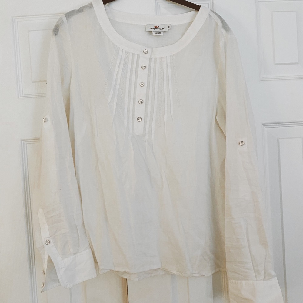 Vineyard Vines White Half Button Down Blouse